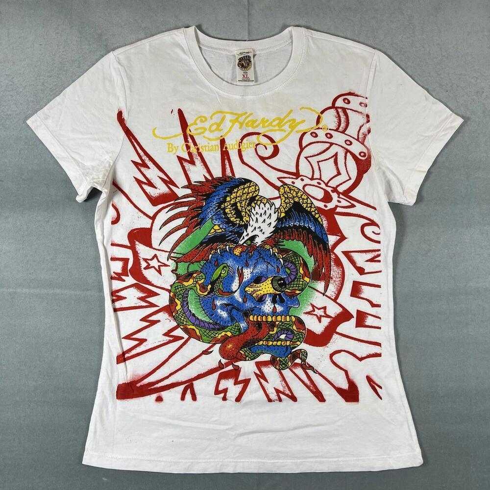 VTG Y2K Ed Hardy T Shirt Womens XL White Skull Eagle Snake Heart Rhinestones